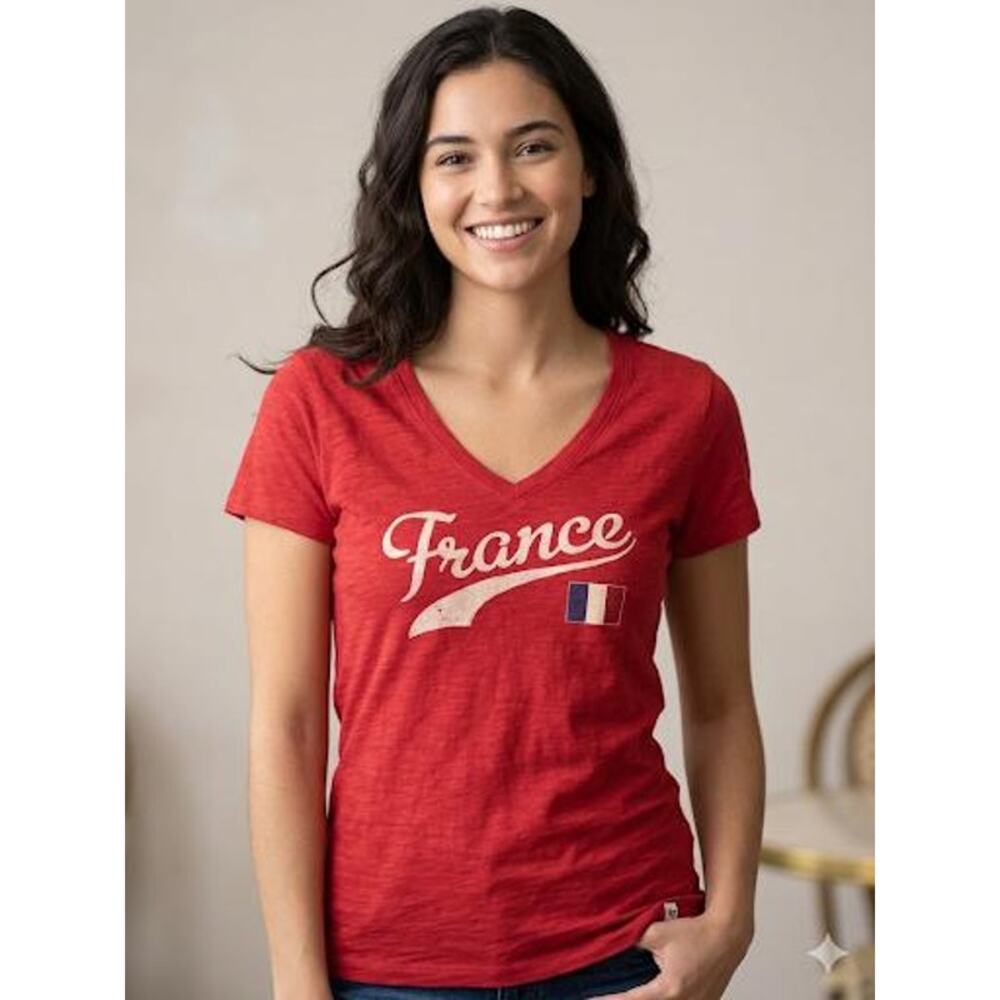 Women's Red France Graphic V-Neck T-Shirt Size Large '47 Brand NWT